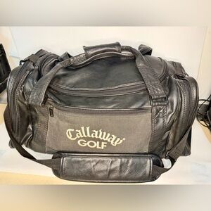 Vtg Callaway Black Genuine Leather Duffle Bag 24"x12"x10", 7 Exterior Pockets